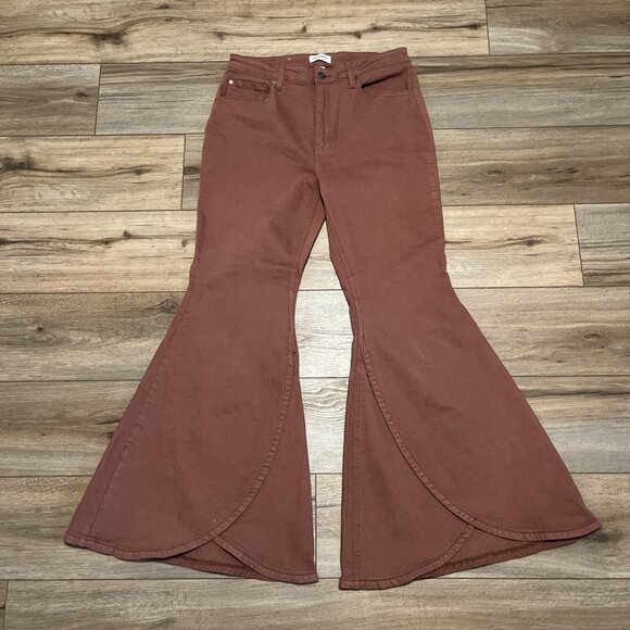 Shyanne Tulip Hem Super Flare Jeans SZ 33 x 32 Red Clay Brown High Rise Stretch - Picture 1 of 13